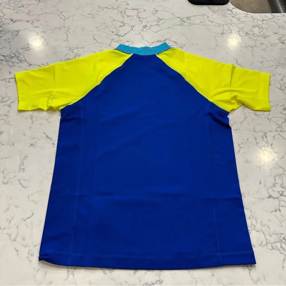 NWOT Lands End Blue Neon Yellow Short‎ Sleeve Rash Guard Swim Shirt Large Youth